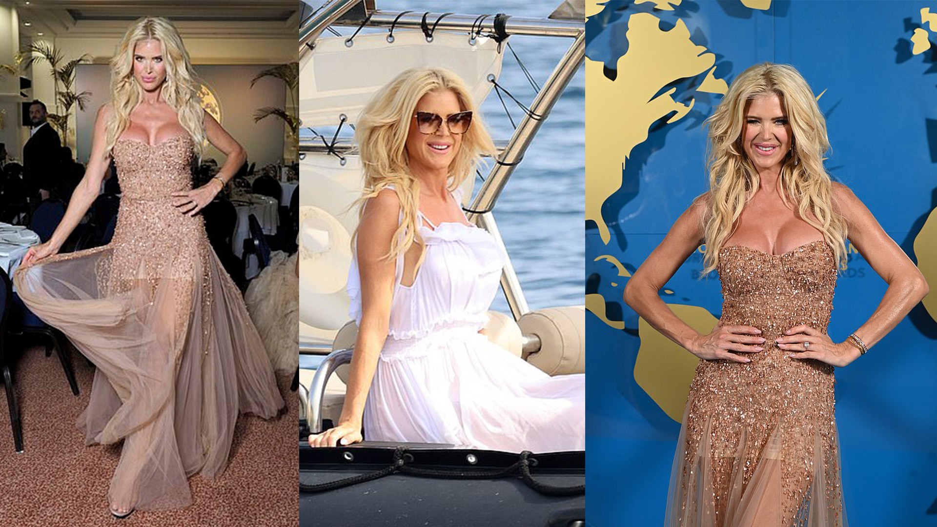 Victoria Silvstedt, 46, puts on a busty display in a figure-hugging sequined gown as she strikes a pose at influencer awards in Cannes